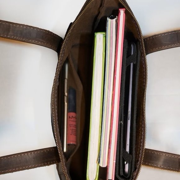 Babak Two Toned Square Leather Tote, Reddish Brown & Tan - Picture 6 of 15